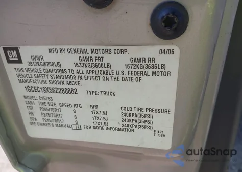 2006 Chevrolet Silverado 1500 Work Truck из США, поврежденный, VIN 1GCEC19X56Z280862